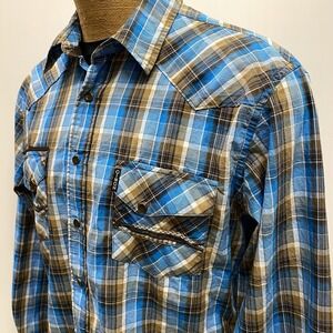 CINCH Modern Fit Men's L Pearl Snap Western Shirt Stitching Blue Plaid Brown